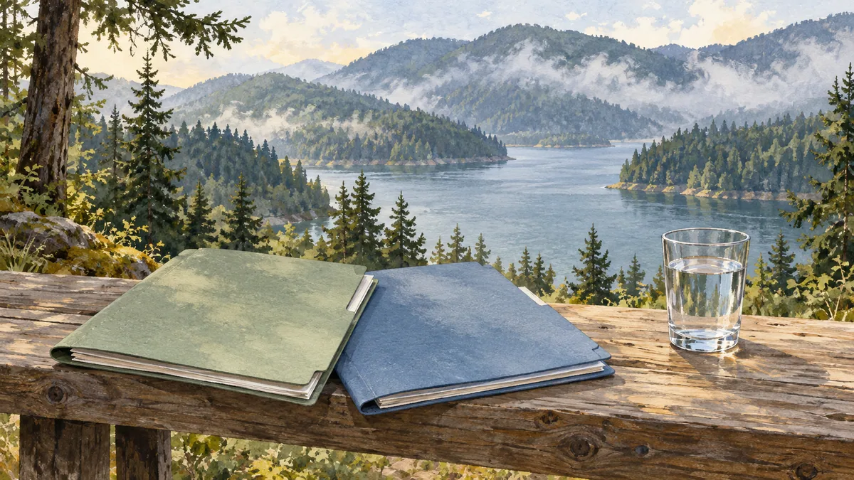 Two blank report folders beside an imagined forest reservoir and a glass of water.