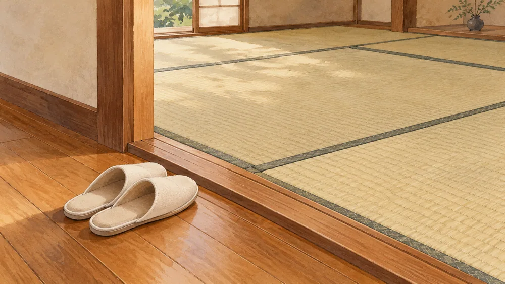 Cream slippers rest on a wooden hallway floor outside an empty room with straw-coloured woven tatami mats.