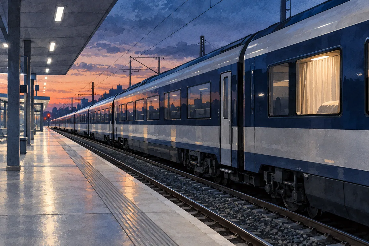 Illustration of a contemporary overnight passenger train beside a platform at dusk.