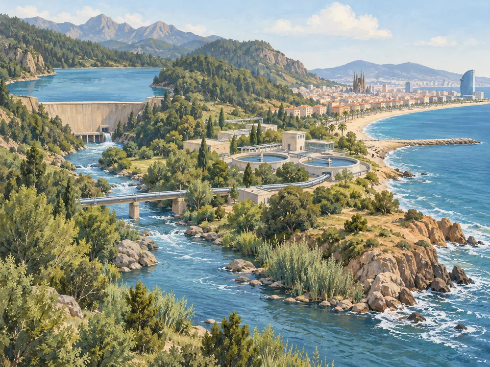 Conceptual supply landscape combining a reservoir, river and sea coast without an exact geographic map.