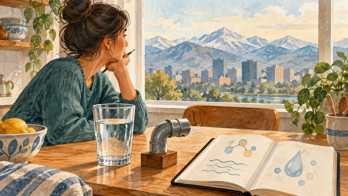 Generated illustration of a reader with a water glass, notebook and pipe model beside an imagined mountain-city window.