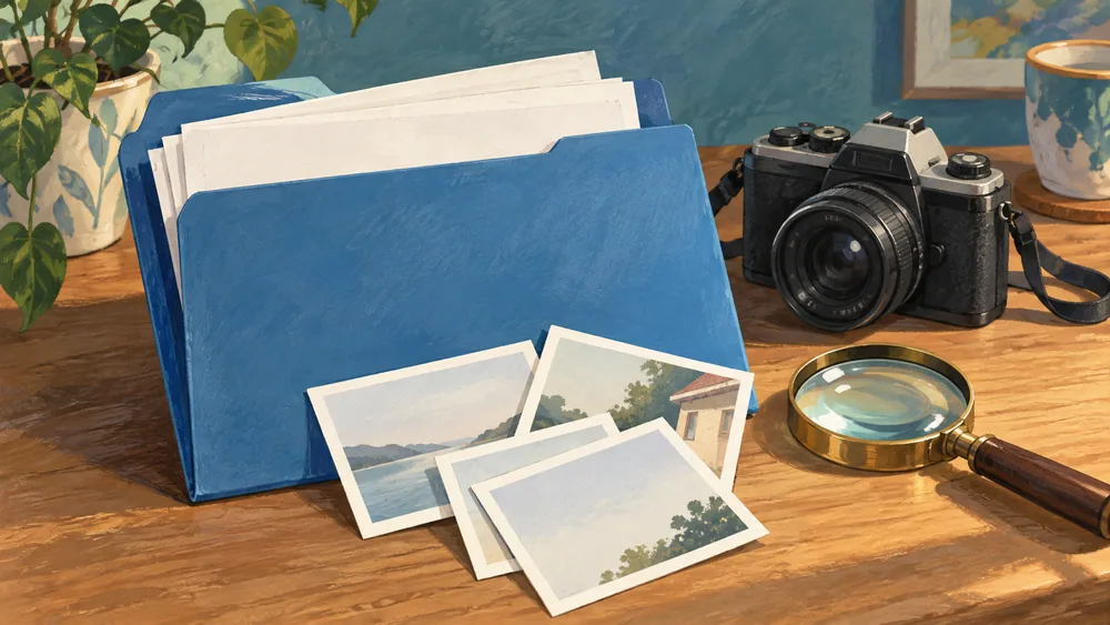 A blue folder, plain papers and decorative image cards beside a camera and magnifying glass.