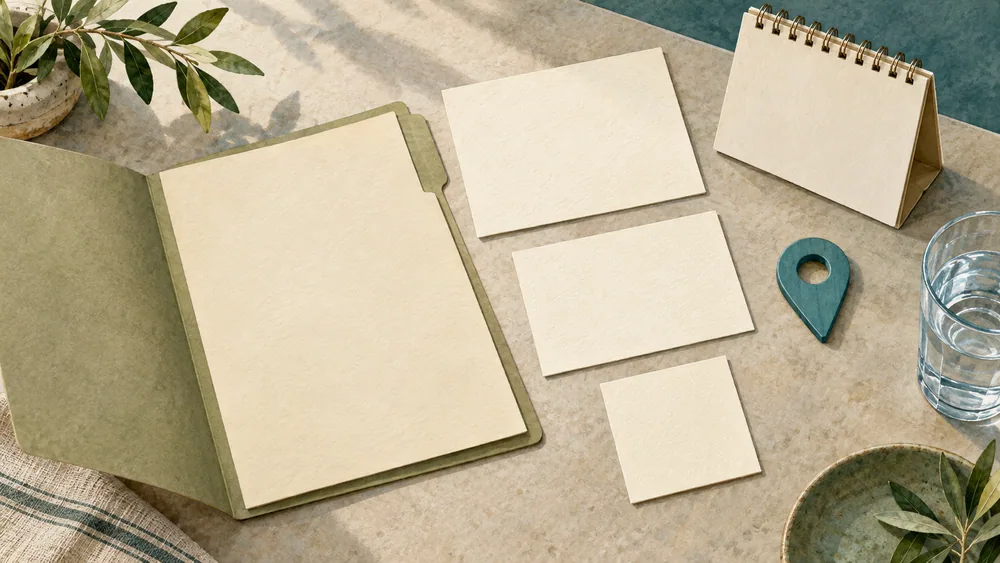 Blank cards, an open folder, a calendar and a location-pin token on a desk.