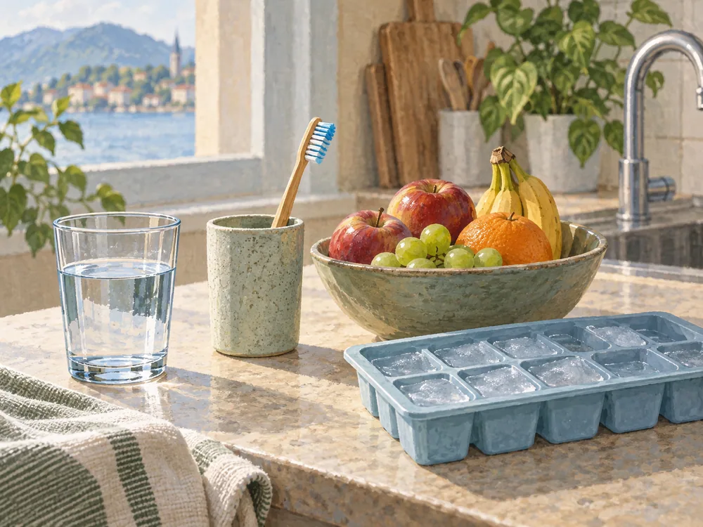 Illustrated kitchen counter holding a drinking glass, toothbrush, fruit bowl and ice tray in separate places.