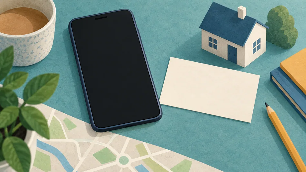 Generated illustration of a blank phone screen, empty location card, house model and abstract street drawing.