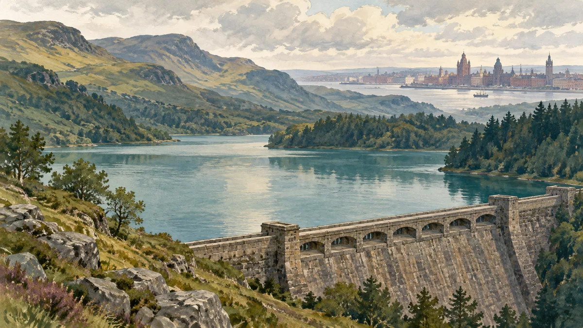 An imagined upland lake and stone dam with a city in a separate distant scene.