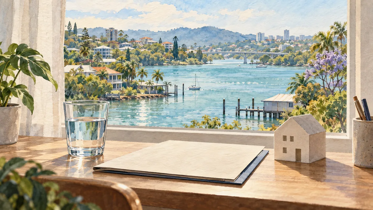 Generated illustration of a water glass, service folder and house model overlooking an imagined subtropical river town.