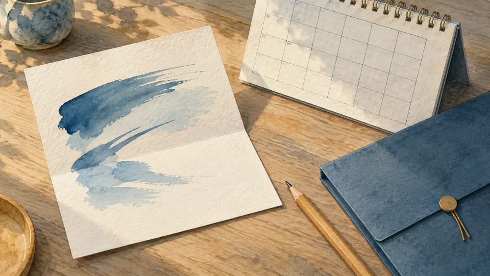 Generated illustration of an abstract request sheet, empty calendar boxes, a closed folder and pencil.