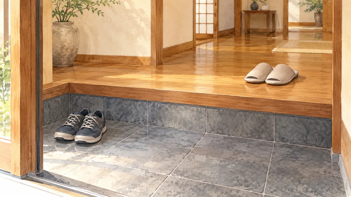Watercolour illustration of outdoor shoes on lower grey entrance tiles and cream slippers on a raised wooden floor.