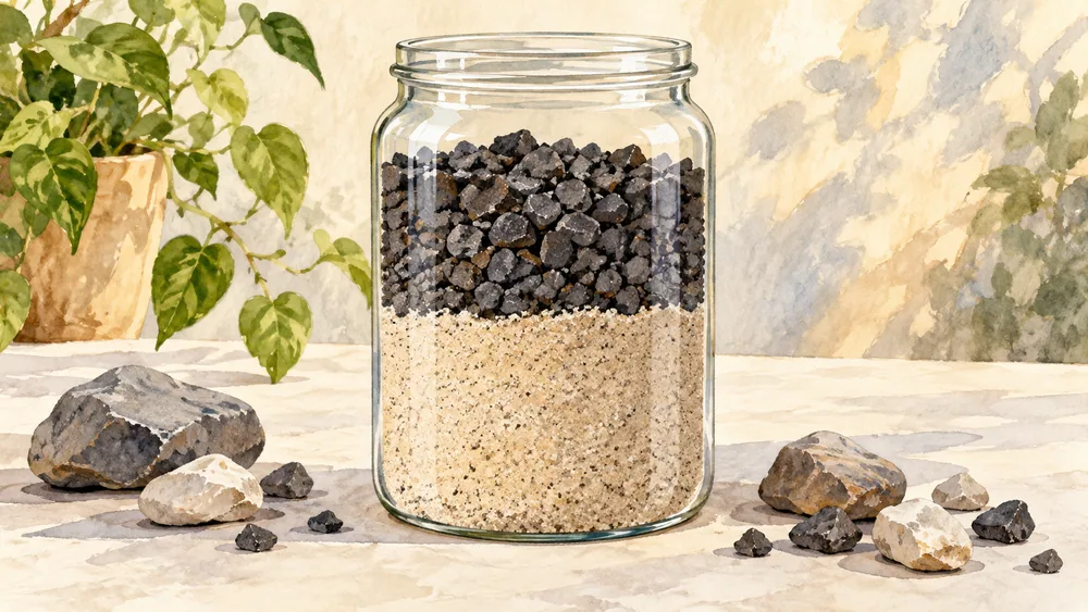 Illustration of dark granules above pale sand inside an open glass model, with loose material beside it.