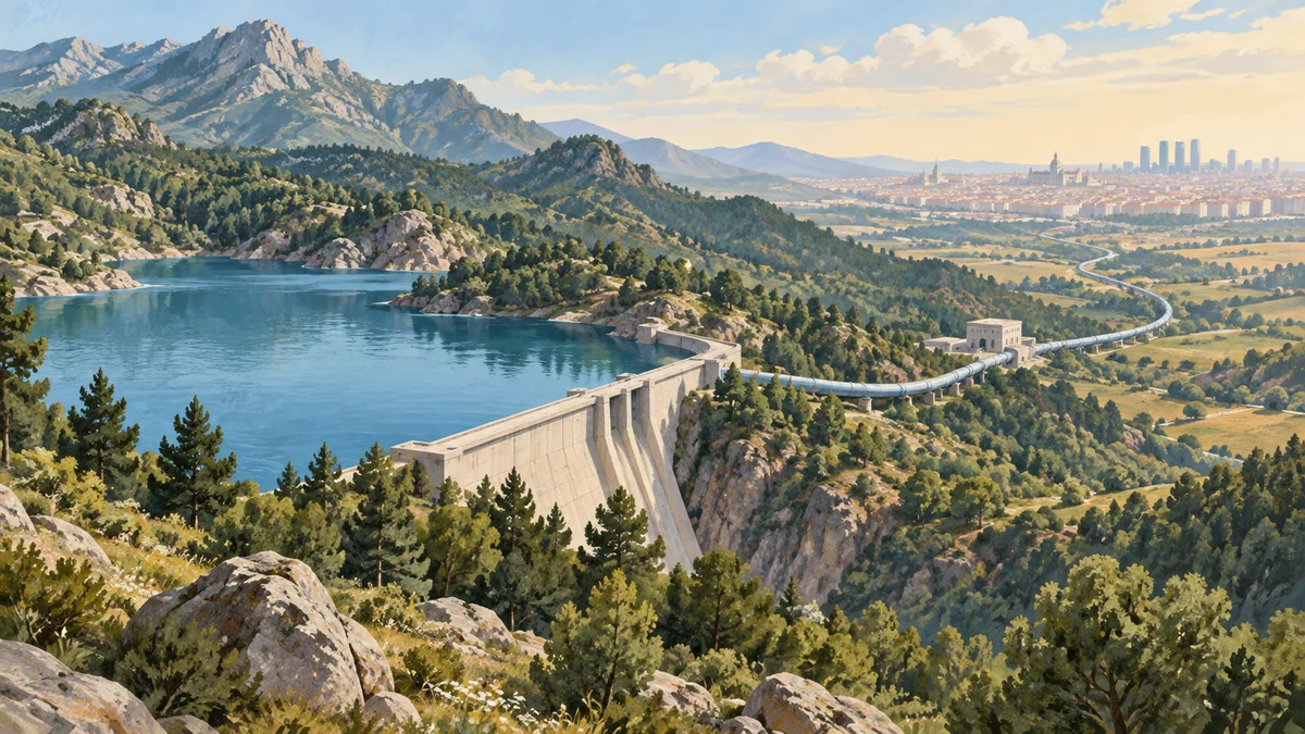 Conceptual Spanish mountain catchment with a reservoir, distant Madrid skyline and a suggested supply route.