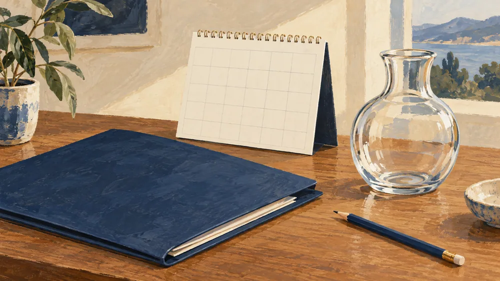 An unbranded folder and blank calendar beside a decorative glass vessel.