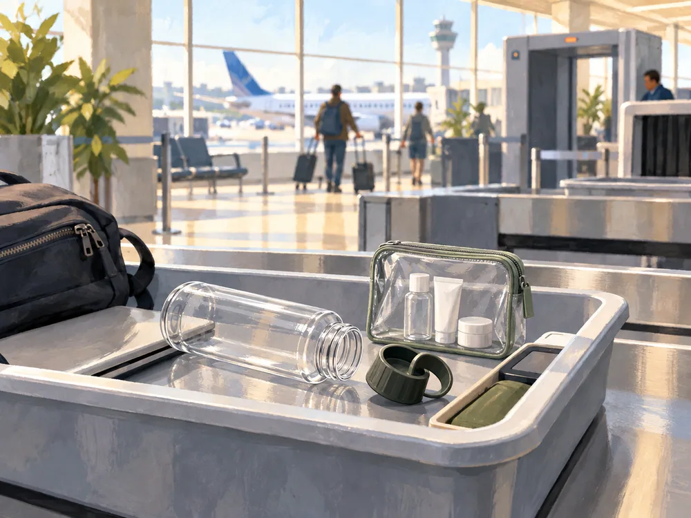Illustrated security tray holding an open empty reusable bottle and a clear bag of small toiletry containers.
