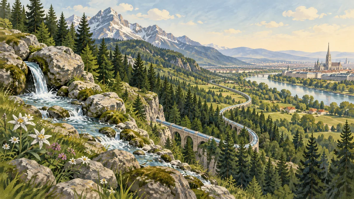 Conceptual Alpine landscape with wooded mountains, springs and a downhill water route toward a distant Vienna skyline.