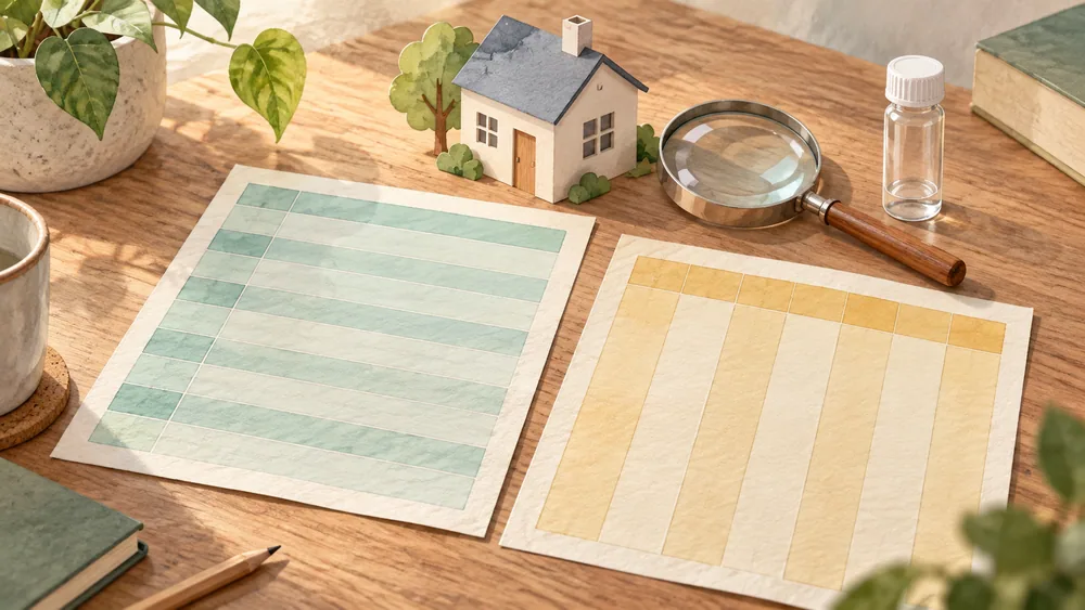 Two blank colored grids sit beside a house model, magnifier and capped vial.