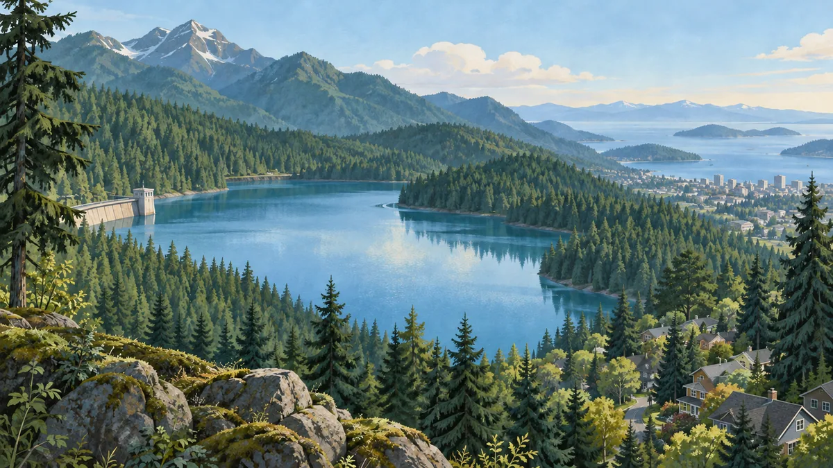 Imagined mountain reservoir, evergreen hills and a distant coastal neighbourhood.