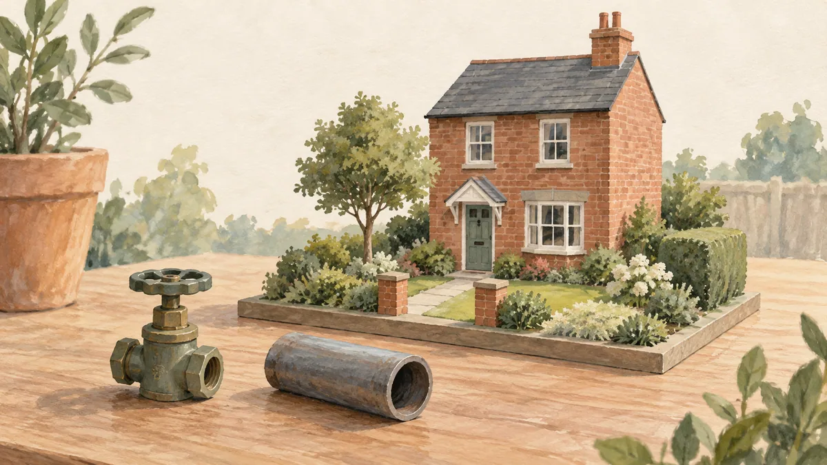 An imagined house model with a separate loose pipe and stop-valve model on a table.