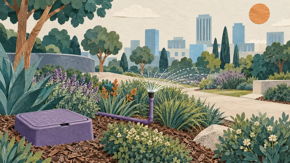 Illustration of a purple irrigation pipe, sprinkler and closed valve box in an invented urban planting bed.