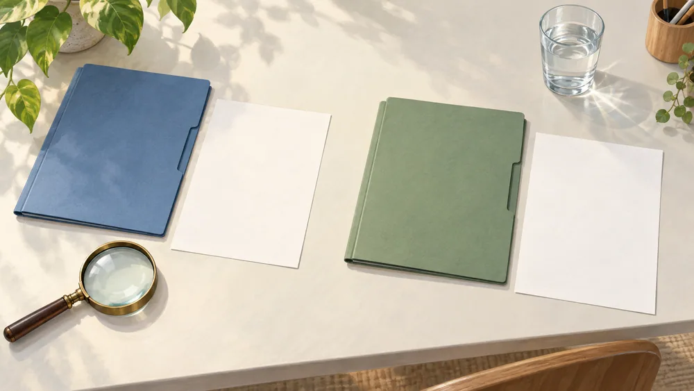 Separate blue and green folders with blank papers, a magnifying glass and water glass.