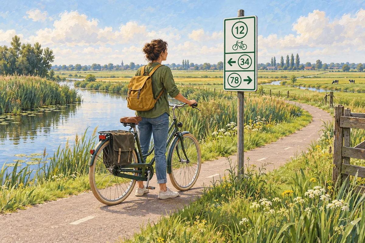 Imagined Dutch canal scene with a traveller beside a bicycle and a numbered cycling junction sign.