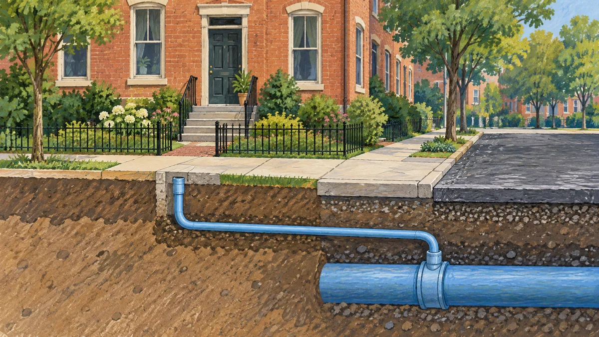 A fictional row house and a simplified cutaway of a street main and household connection.