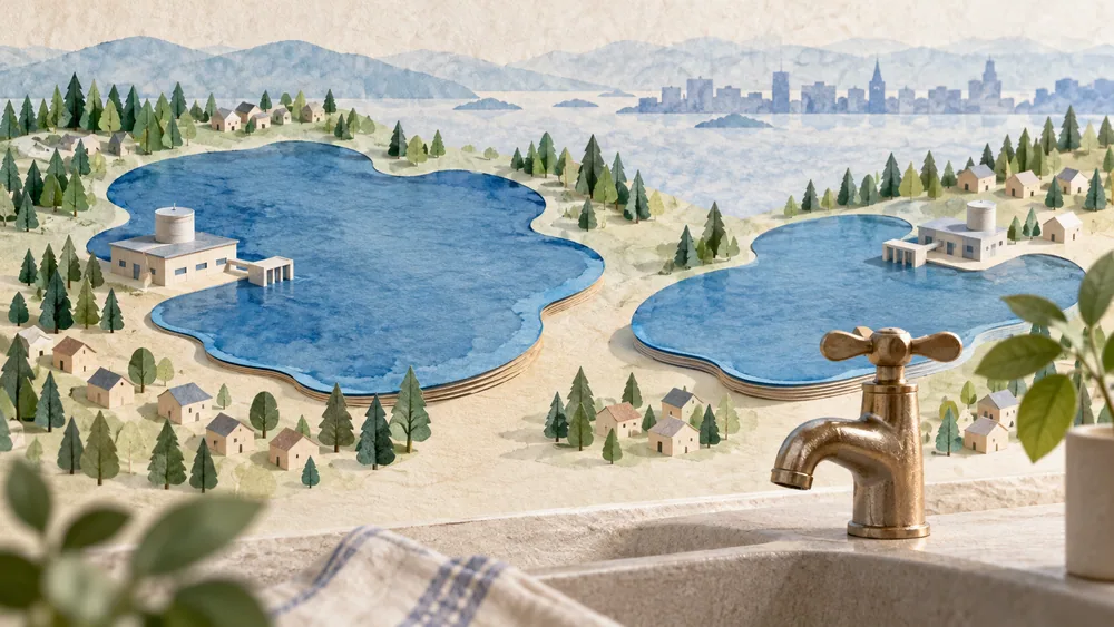Two imaginary lake and treatment models sit beyond a closed tap.