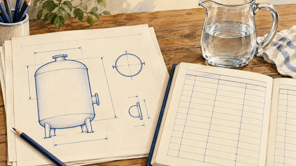 An unnumbered engineering sketch beside a blank ledger and glass jug.