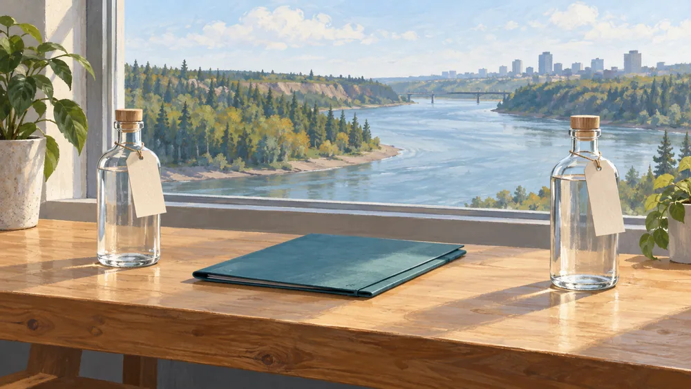 Two separate glass bottles with blank tags and a closed teal folder before an invented river view.