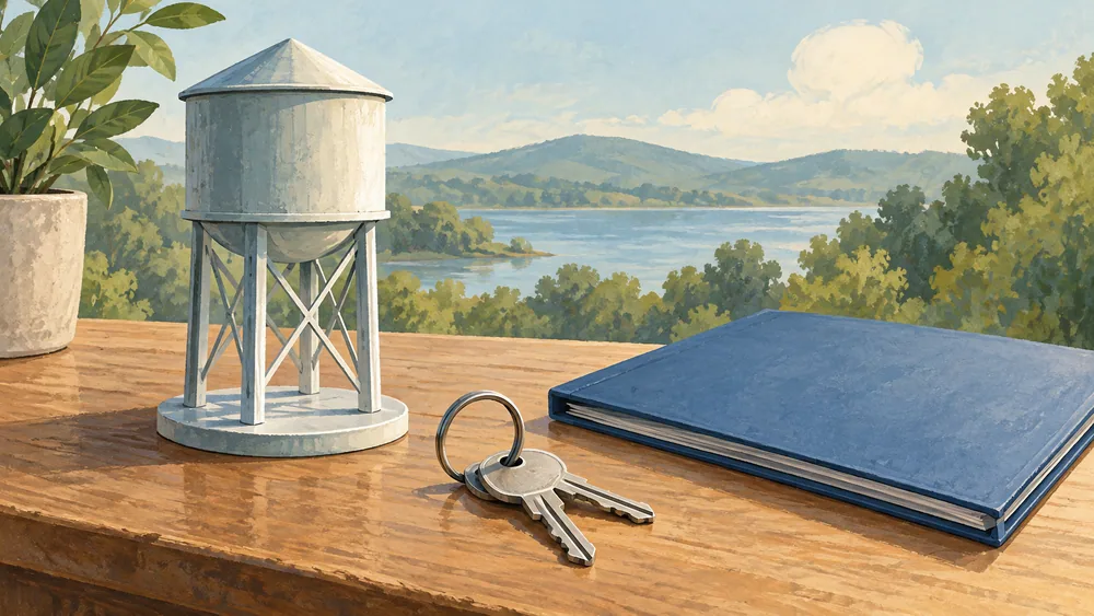 Miniature covered water tower beside plain keys and a closed blue folder.