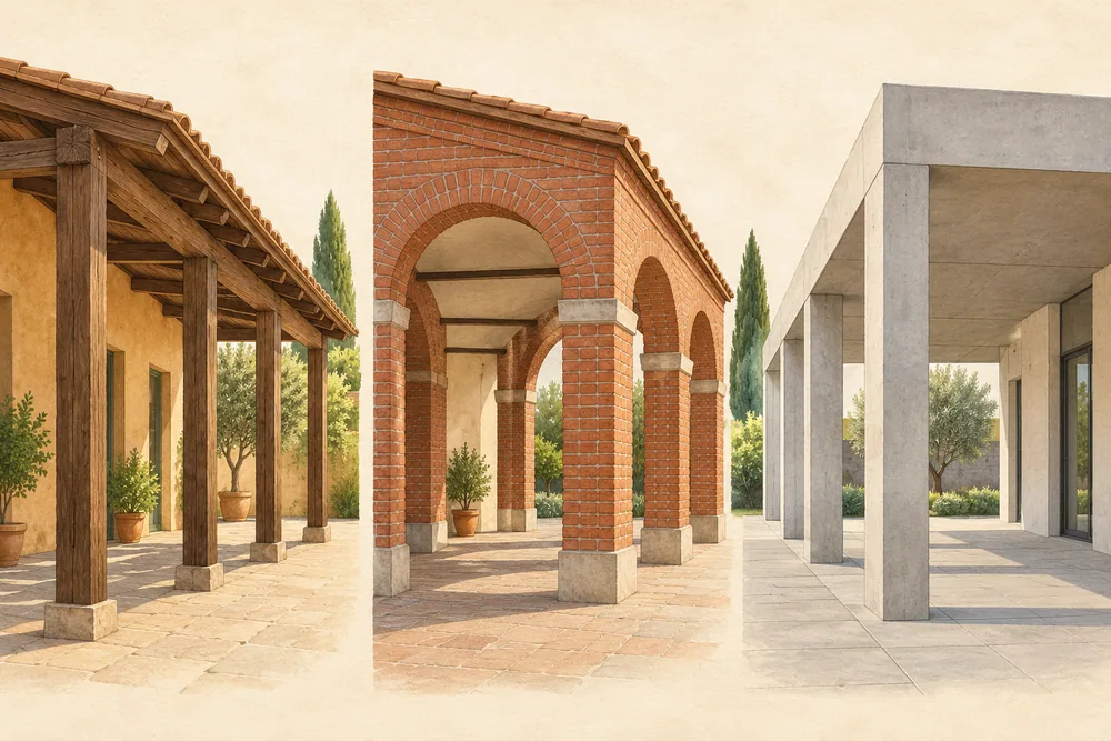 Three illustrated covered walkways with timber posts, brick arches and pale concrete columns.