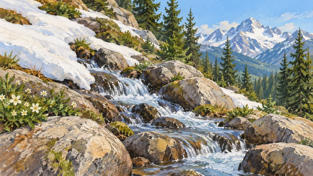 Conceptual illustration of a melting snow patch beside a mountain stream and fir trees.