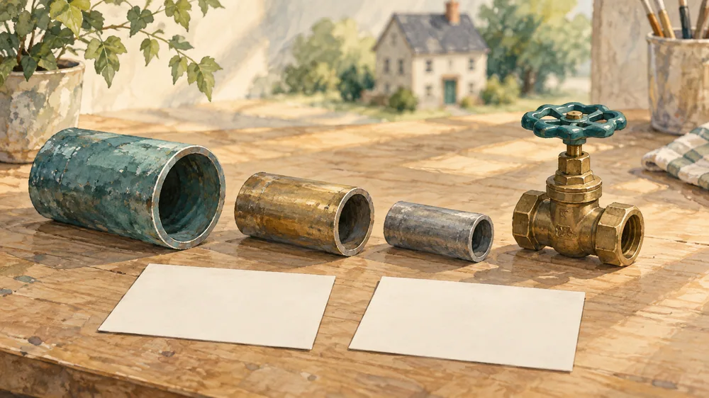 Three disconnected pipe sections of different sizes beside a valve model and blank cards.