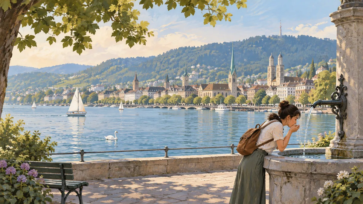 Illustrated Zurich lakefront with a city skyline, forested hills and a public fountain.