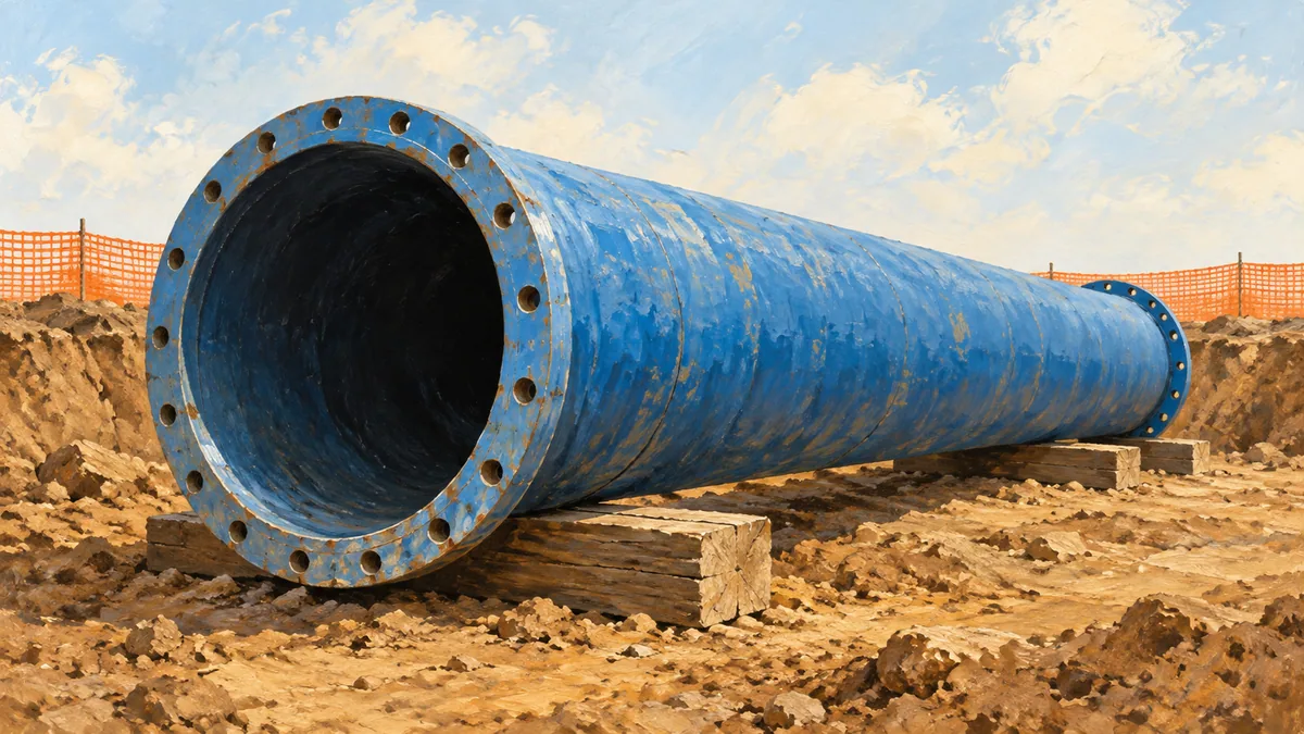 An imagined blue pipe section rests on timbers beside earth and an orange barrier.