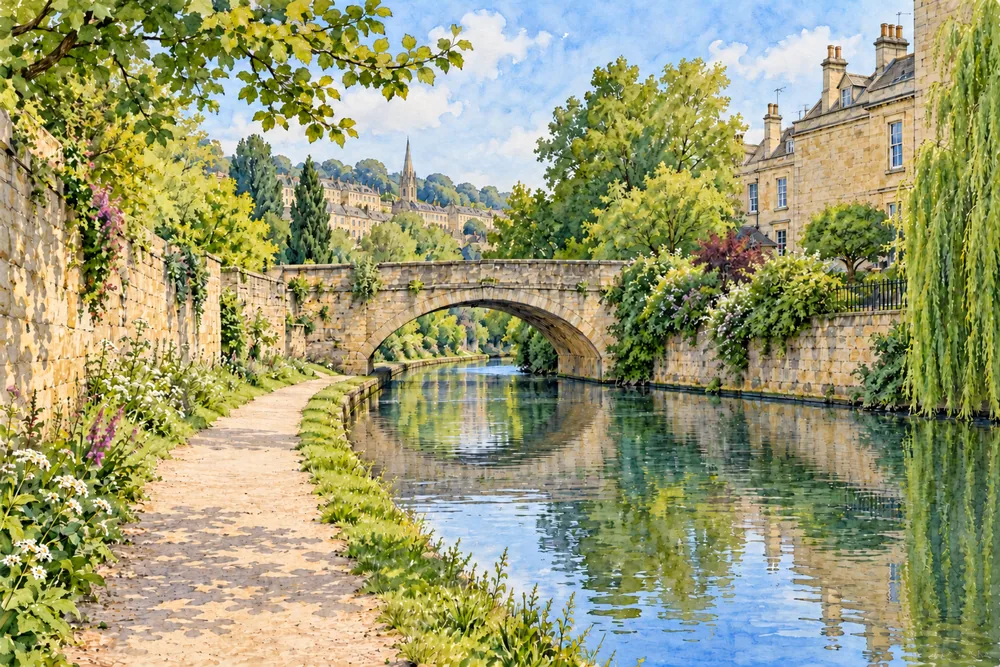 Illustrated canal towpath beside a stone arch bridge and pale buildings.