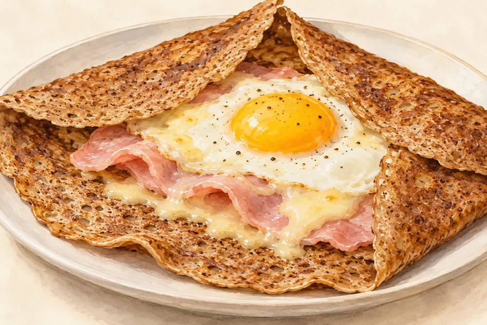 Illustrated close-up of a partly open galette showing cooked ham, melted cheese and an egg.