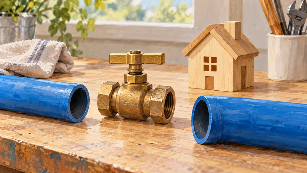 Separate brass shut-off valve and two unattached blue pipes beside a little wooden model house.