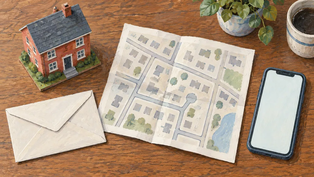 A model house, envelope and blank phone beside a fictional street sketch.