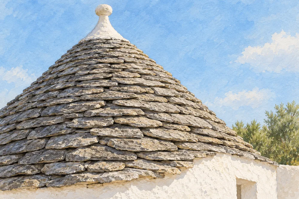 Illustrated close-up of overlapping gray limestone roof courses below a white pinnacle.