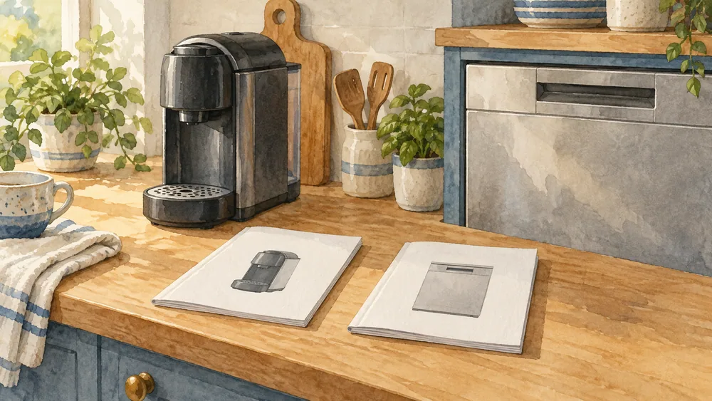 Two fictional appliance booklets lie beside a coffee machine and dishwasher.