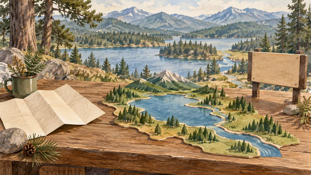 An unlabelled paper landscape and folded map lie beside a plain trail sign.