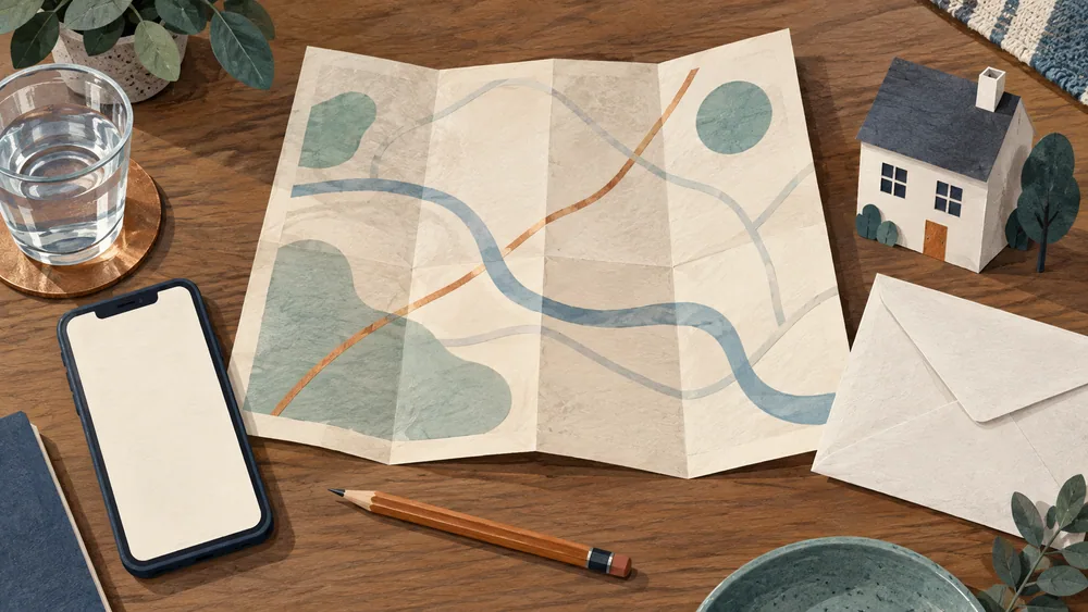Illustration of an abstract folded map beside a paper house, blank phone screen and envelope.