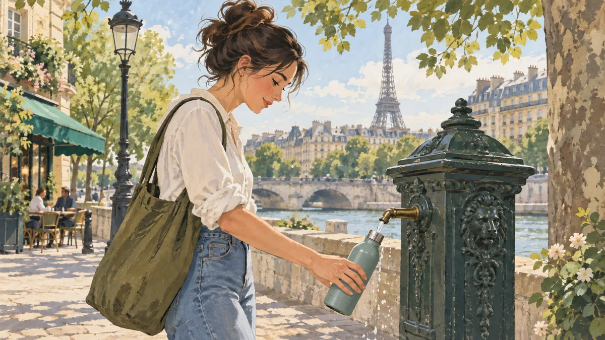 Illustrated Paris street scene with a cast-iron public drinking fountain and refillable bottle among city buildings.