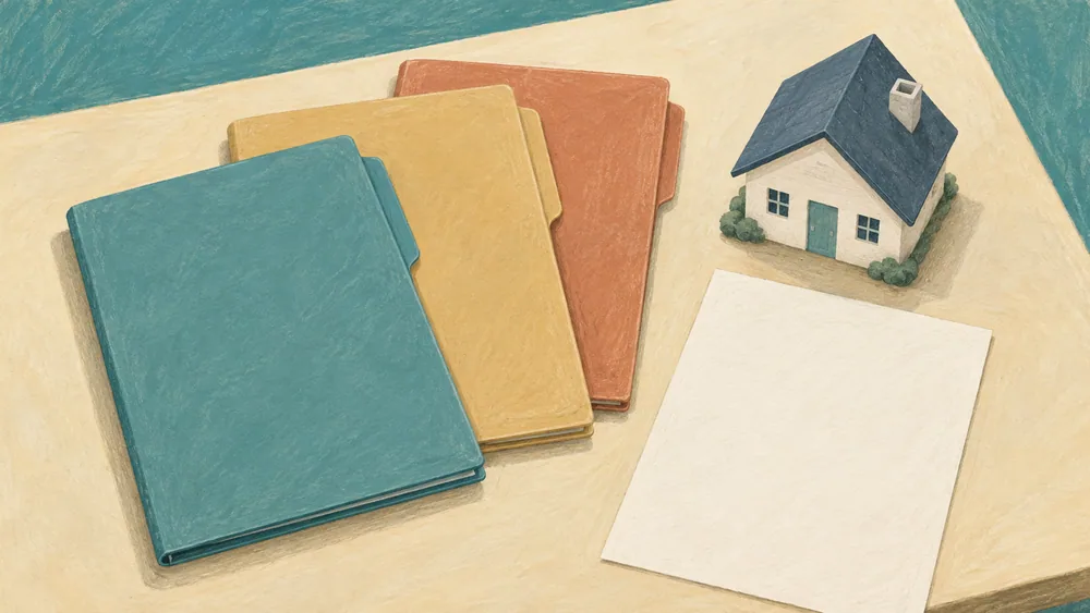 Three plain folders, blank paper and a model house arranged on a desk.