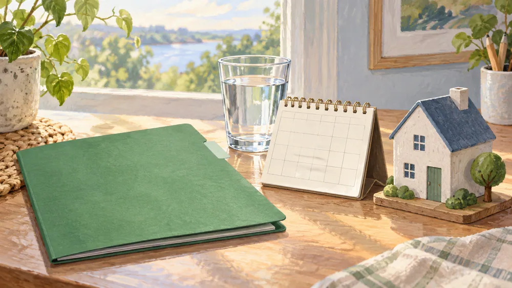 Blank green folder, unnumbered calendar, small model house and water glass on a table.