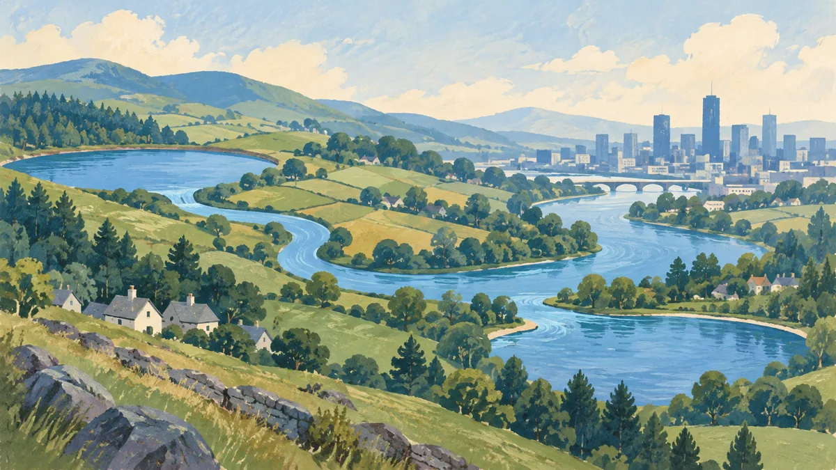 Painted countryside and an imagined city beside a winding blue waterway.