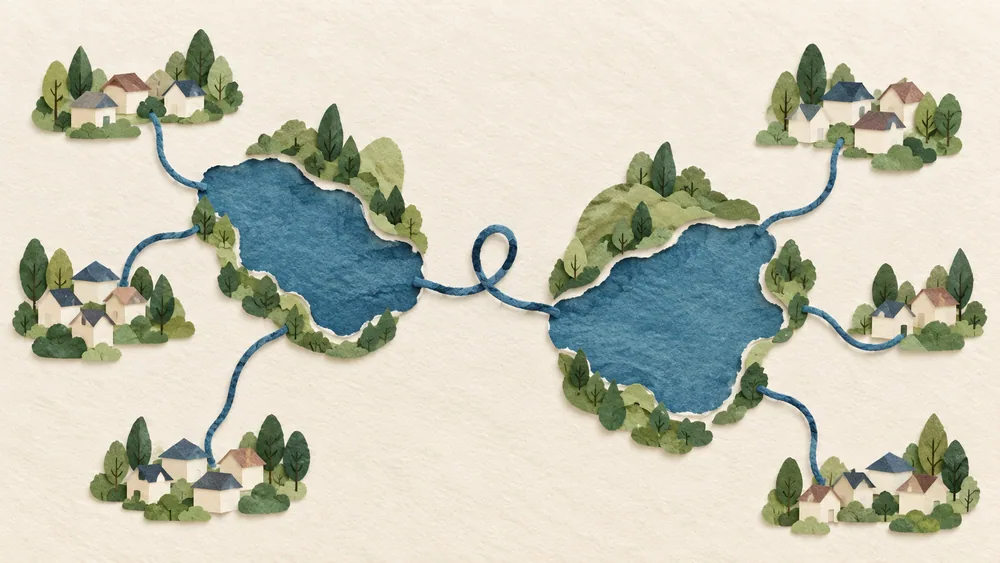 Two imaginary paper reservoirs connect through blue cord to small house shapes.