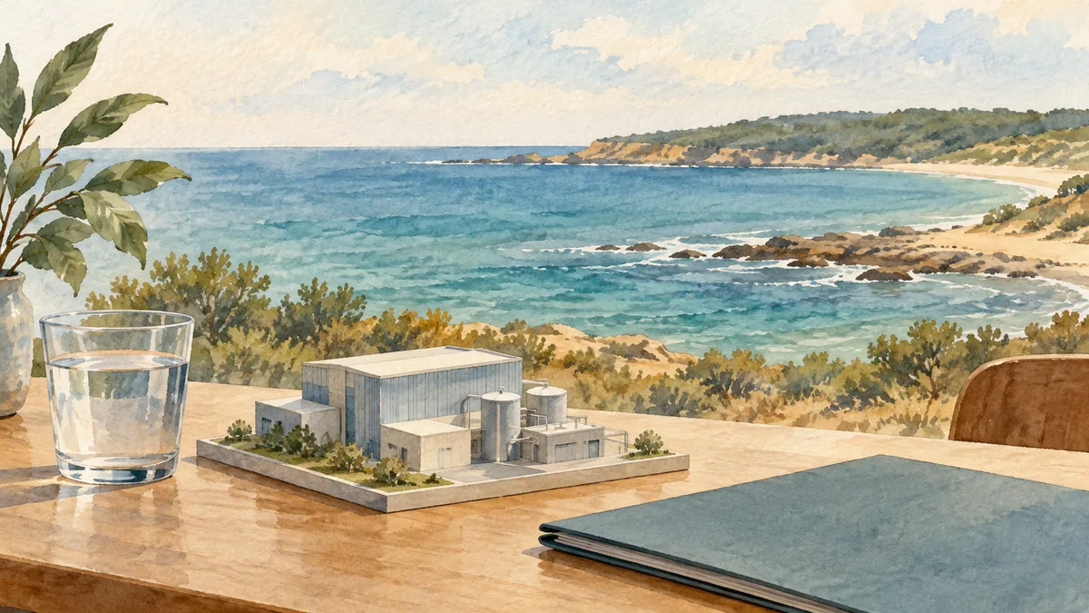 Generated illustration of an imaginary coastal view with a generic industrial model, water glass and closed folder.