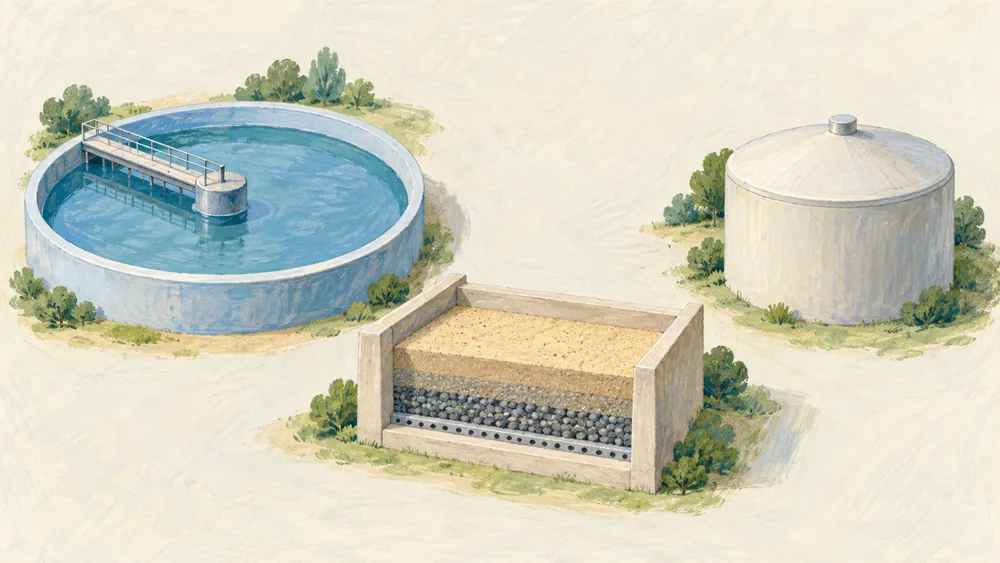 Simplified models of a round basin, filter bed and covered tank separated by open space.