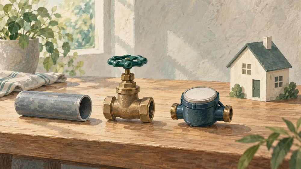 Separate pipe, valve and blank meter components beside a small house model.